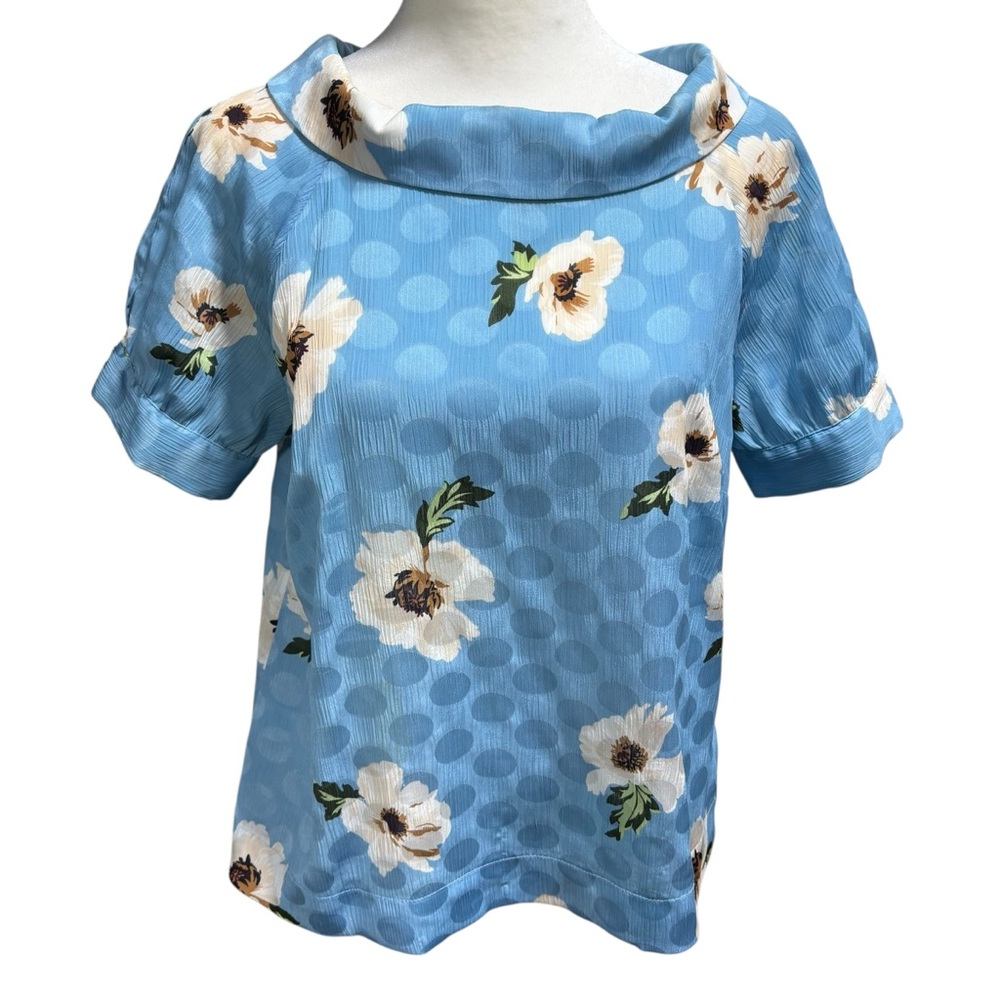 Ann Taylor Factory Blue Floral Polka Dot Cowl Neck‎ Blouse XS Short Sleeve #179